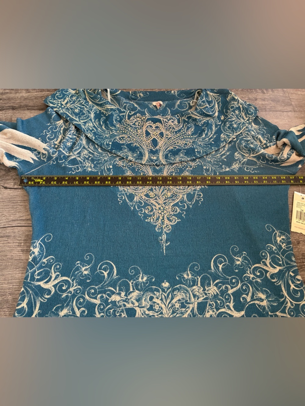 Reba Cowl Neck Knit Rhinestone Top 3X Blue Graphic Western Cowgirl - Picture 9 of 10
